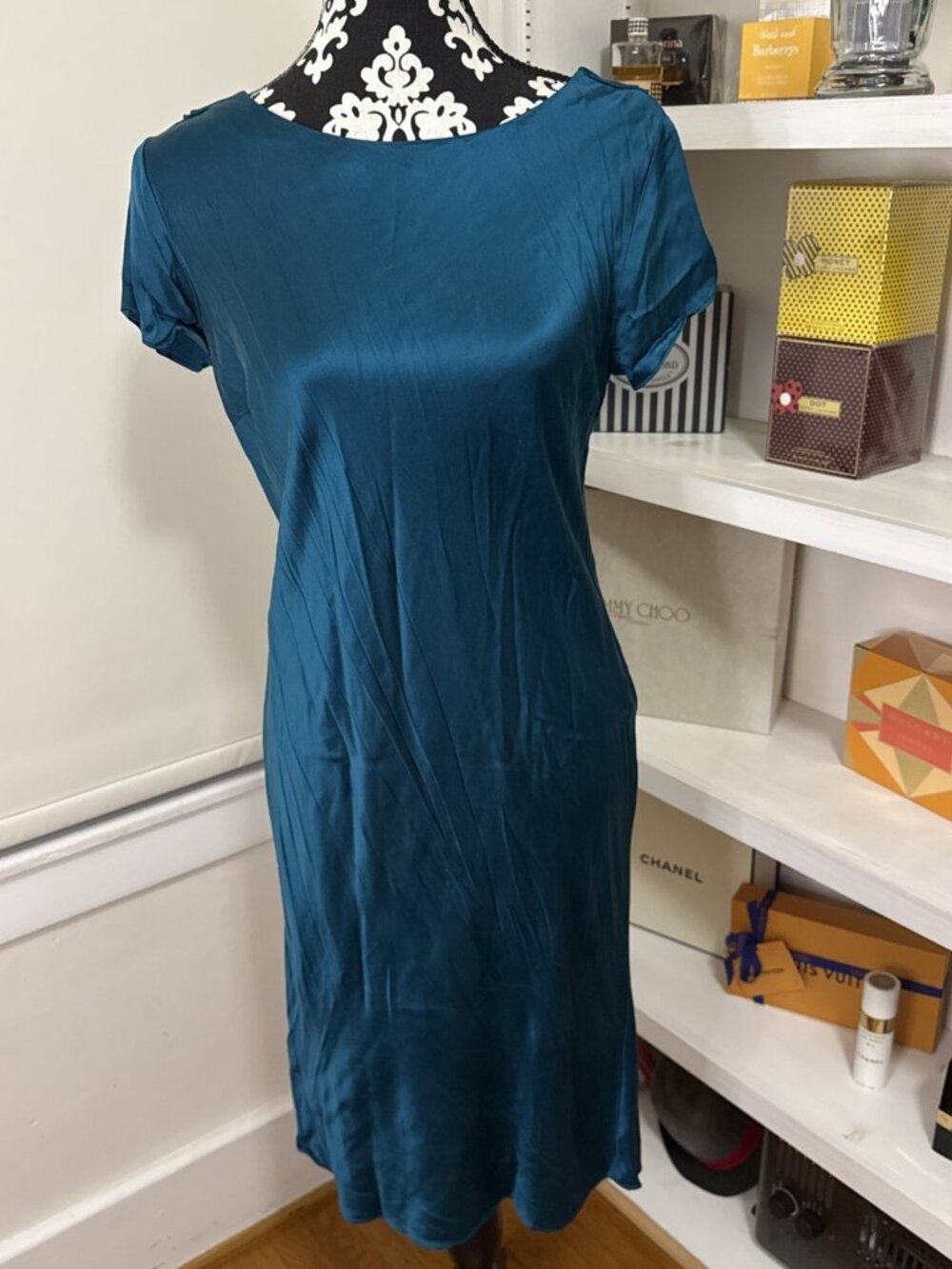 Vintage Moda International Dress 10 Short Sleeves Teal Blue Silk Cowl neck Back